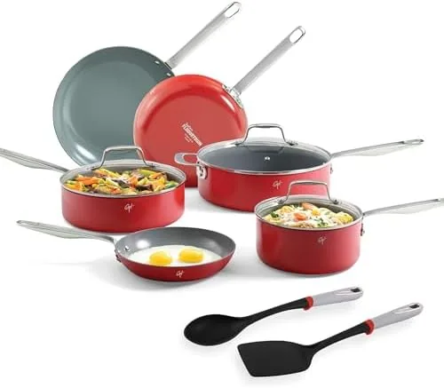 guy fieris flavortown 11 piece ceramic cookware set nonstick pots and pans for cooking made without pfas ptfe pfoa oven safe dishwasher safe easy to clean everyday cookware red
