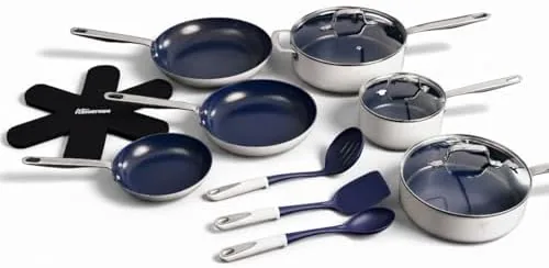 guy fieris flavortown 15 piece ceramic cookware set nonstick pots and pans for cooking induction compatible blue white 15 piece induction compatible
