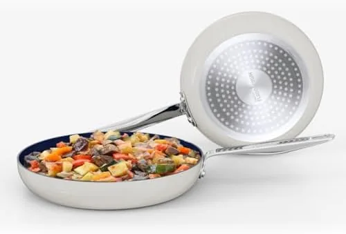 guy fieris flavortown 2 piece ceramic cookware set nonstick frying pan set 10 and 12 easy clean kitchen cookware made without pfas ptfe pfoa induction compatible dishwasher safe blue white