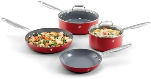 guy fieris flavortown 6 piece ceramic cookware set 8 102 frypans 2qt saucepan 32qt sautépan nonstick made without pfas ptfe pfoa oven dishwasher safe easy to clean red